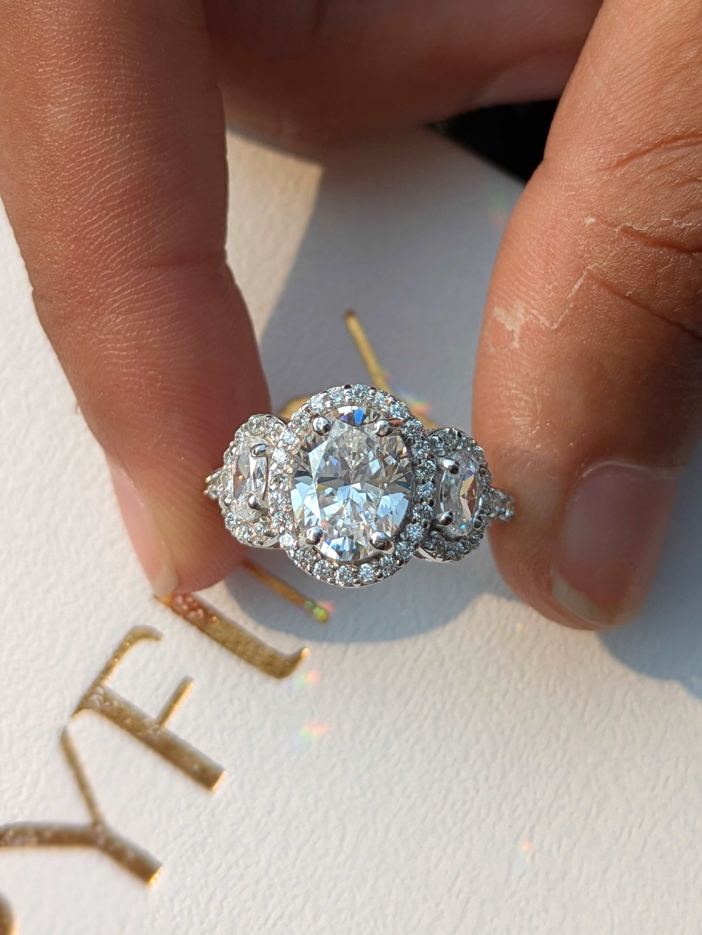 Oval 3-Stone Halo Solitaire Silver Ring for Women