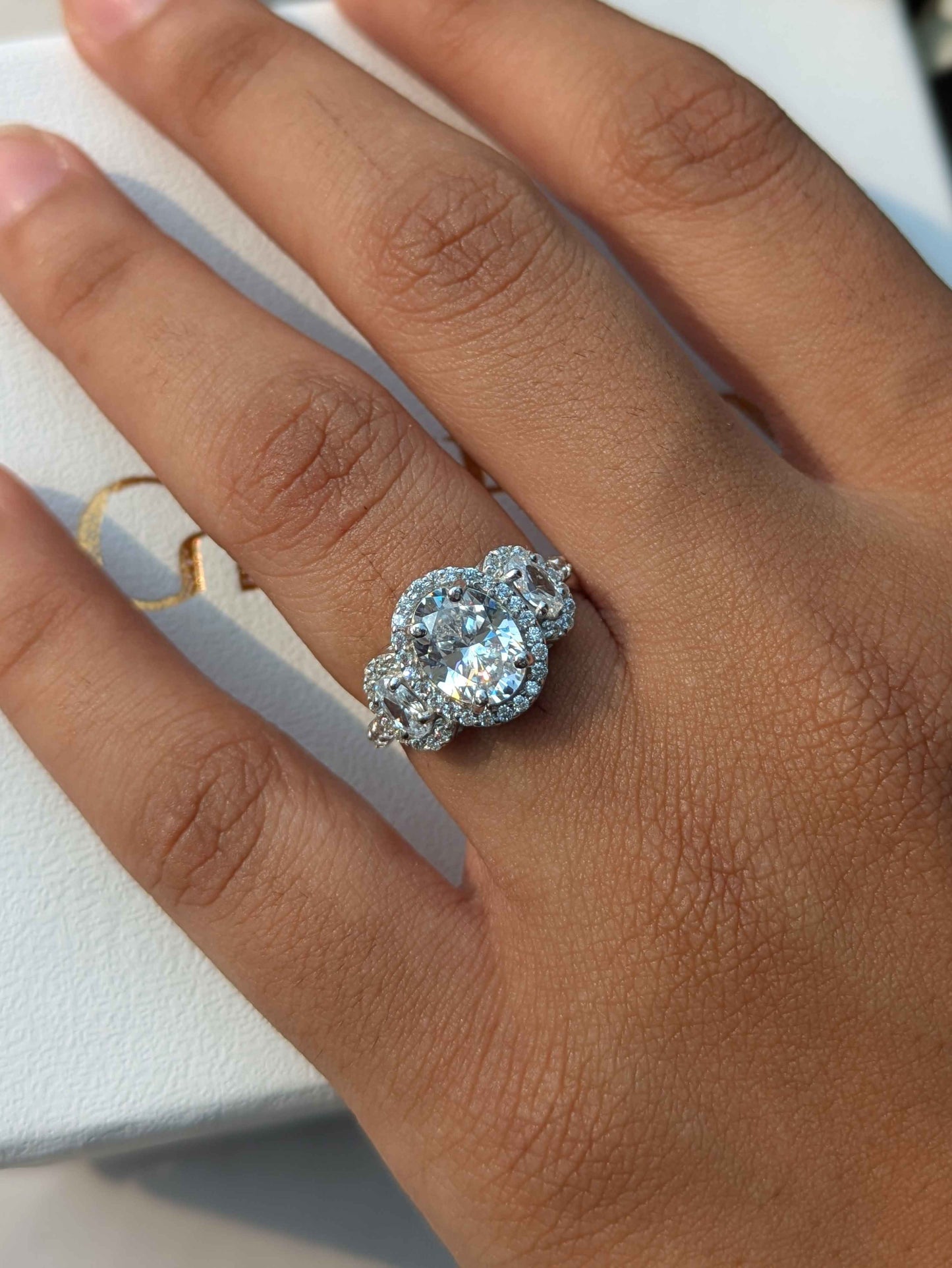 Oval 3-Stone Halo Solitaire Silver Ring for Women