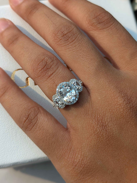 Oval 3-Stone Halo Solitaire Silver Ring for Women