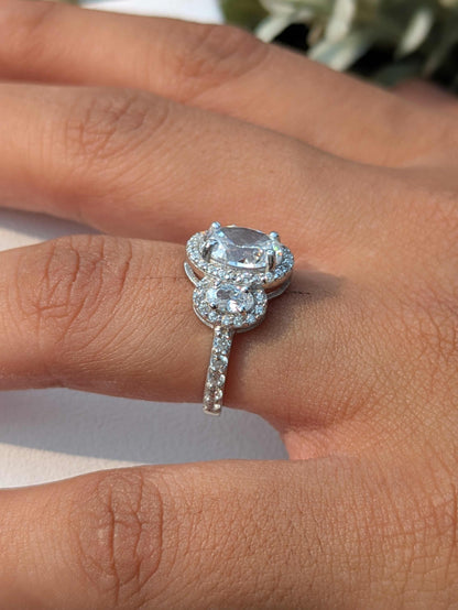 Oval 3-Stone Halo Solitaire Silver Ring for Women