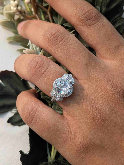 Oval 3-Stone Halo Solitaire Silver Ring for Women