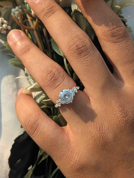 Portuguese Cut Round Floral Solitaire Silver Ring For Women