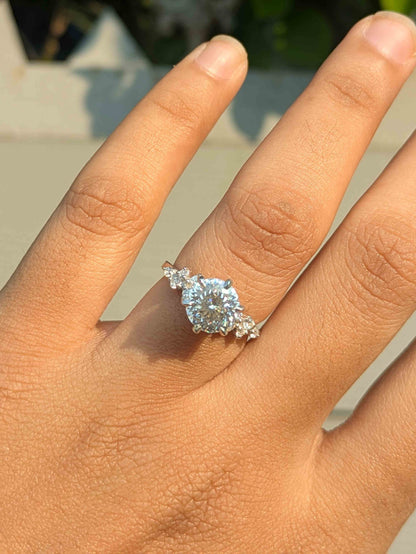 Portuguese Cut Round Floral Solitaire Silver Ring For Women