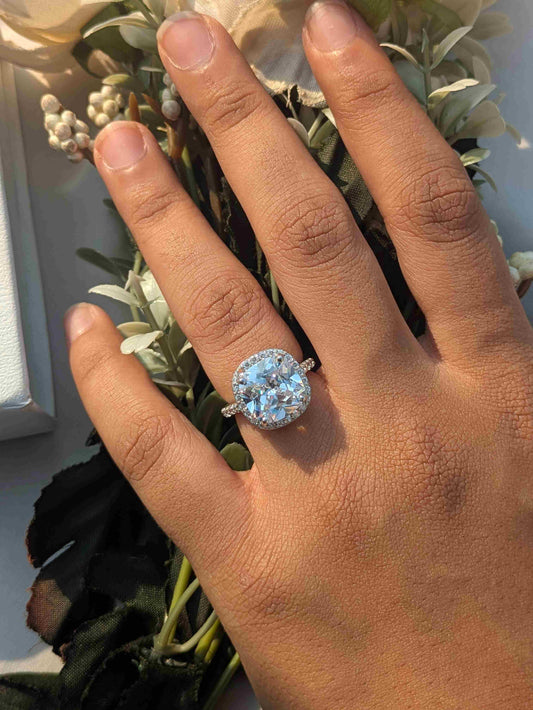 Cushion Halo Solitaire Silver Ring for Women