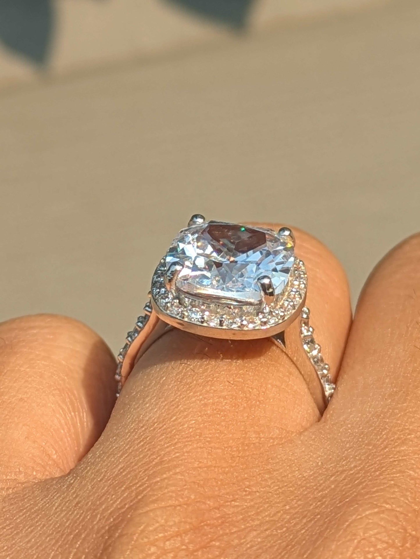 Cushion Halo Solitaire Silver Ring for Women