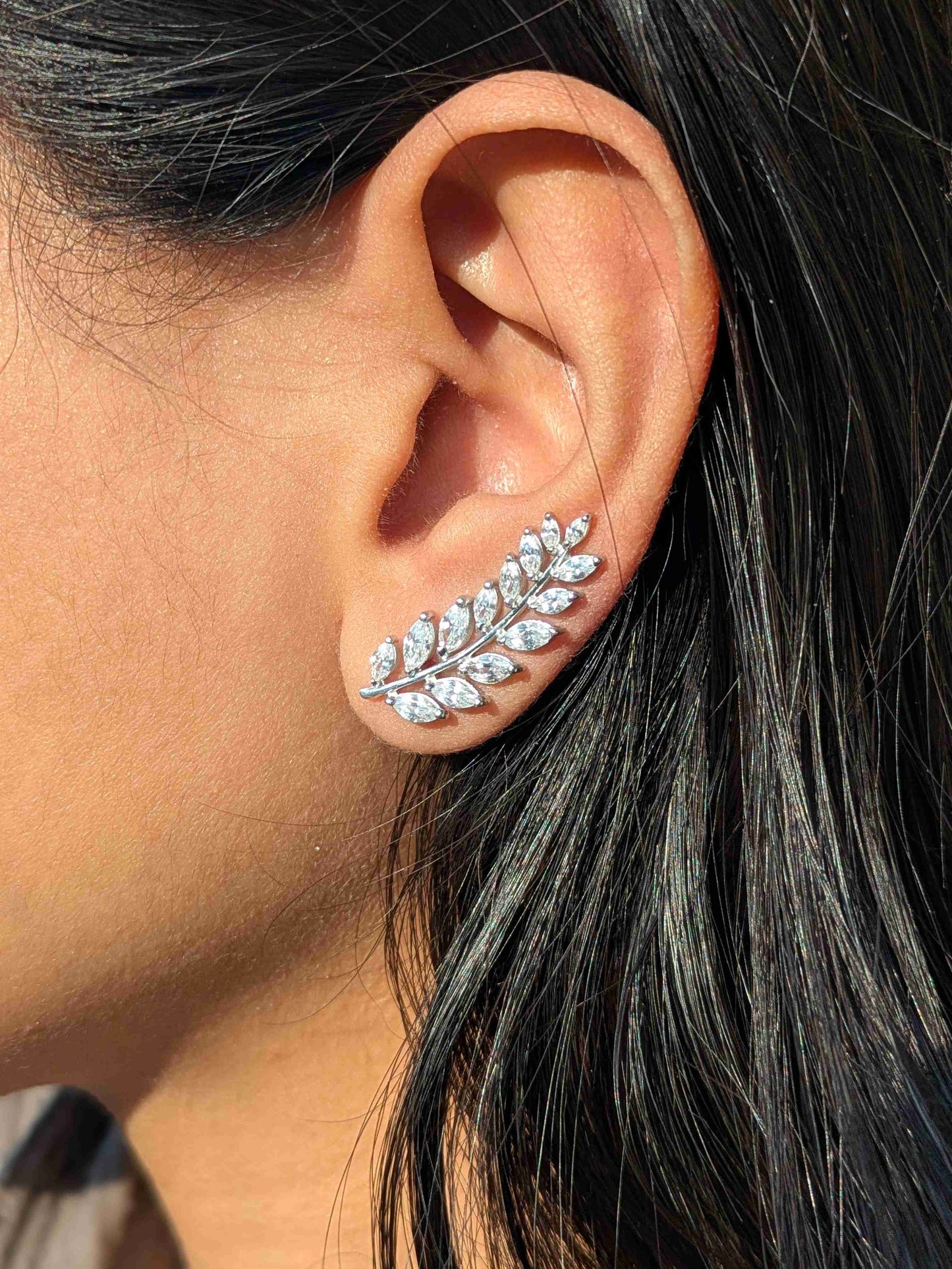 Leaf Silver Climber Earrings For Women