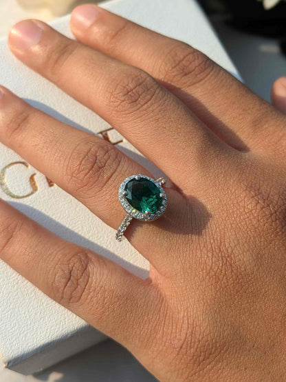 Sasha Green Halo Oval Solitaire Silver Ring For Women