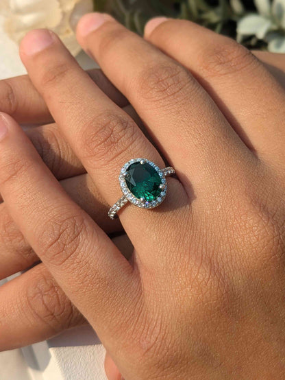 Sasha Green Halo Oval Solitaire Silver Ring For Women