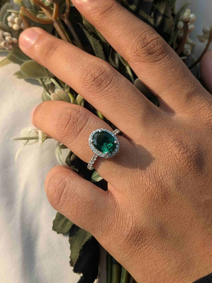 Sasha Green Halo Oval Solitaire Silver Ring For Women