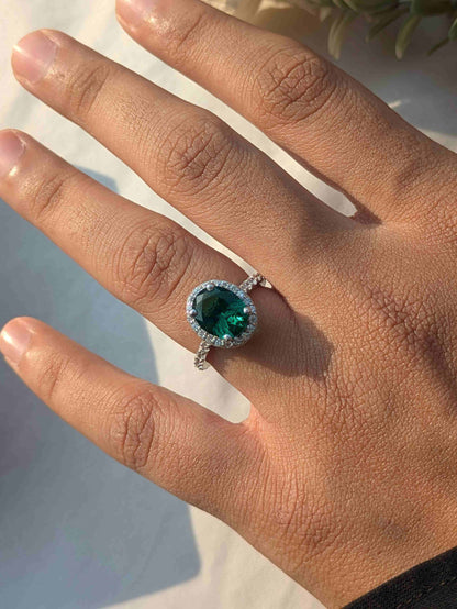 Sasha Green Halo Oval Solitaire Silver Ring For Women