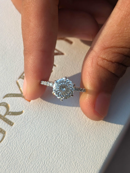 Portuguese Cut Round Halo Solitaire Silver Ring For Women