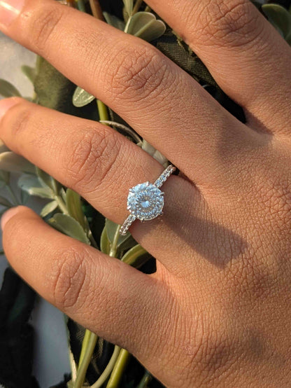 Portuguese Cut Round Halo Solitaire Silver Ring For Women