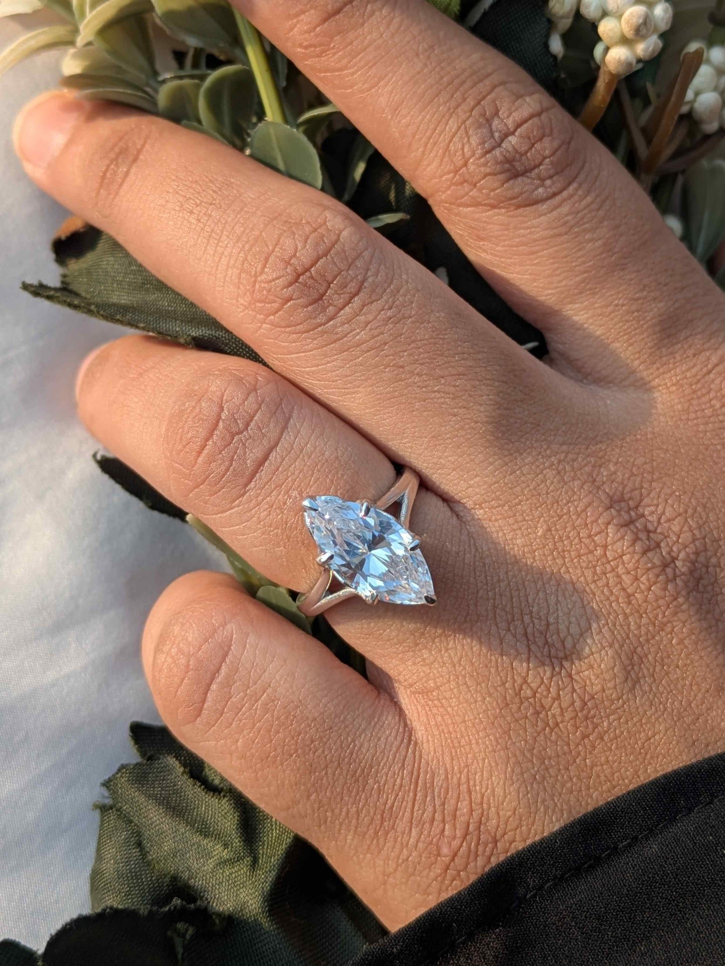 4.2Ct Marquise Petal Set Solitaire Silver Ring for Women