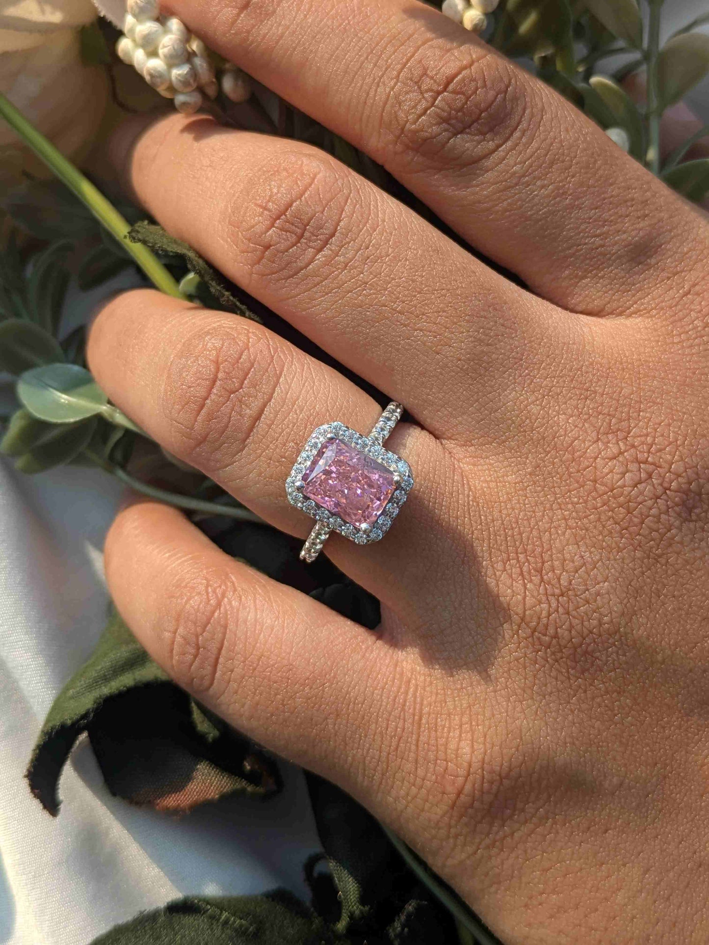 2.5Ct Pink Radaint Ice Crushed Silver Ring For Women