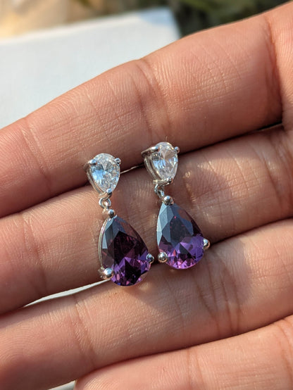 Amethyst Purple Pear & Pear Drop Silver Dangler Earrings