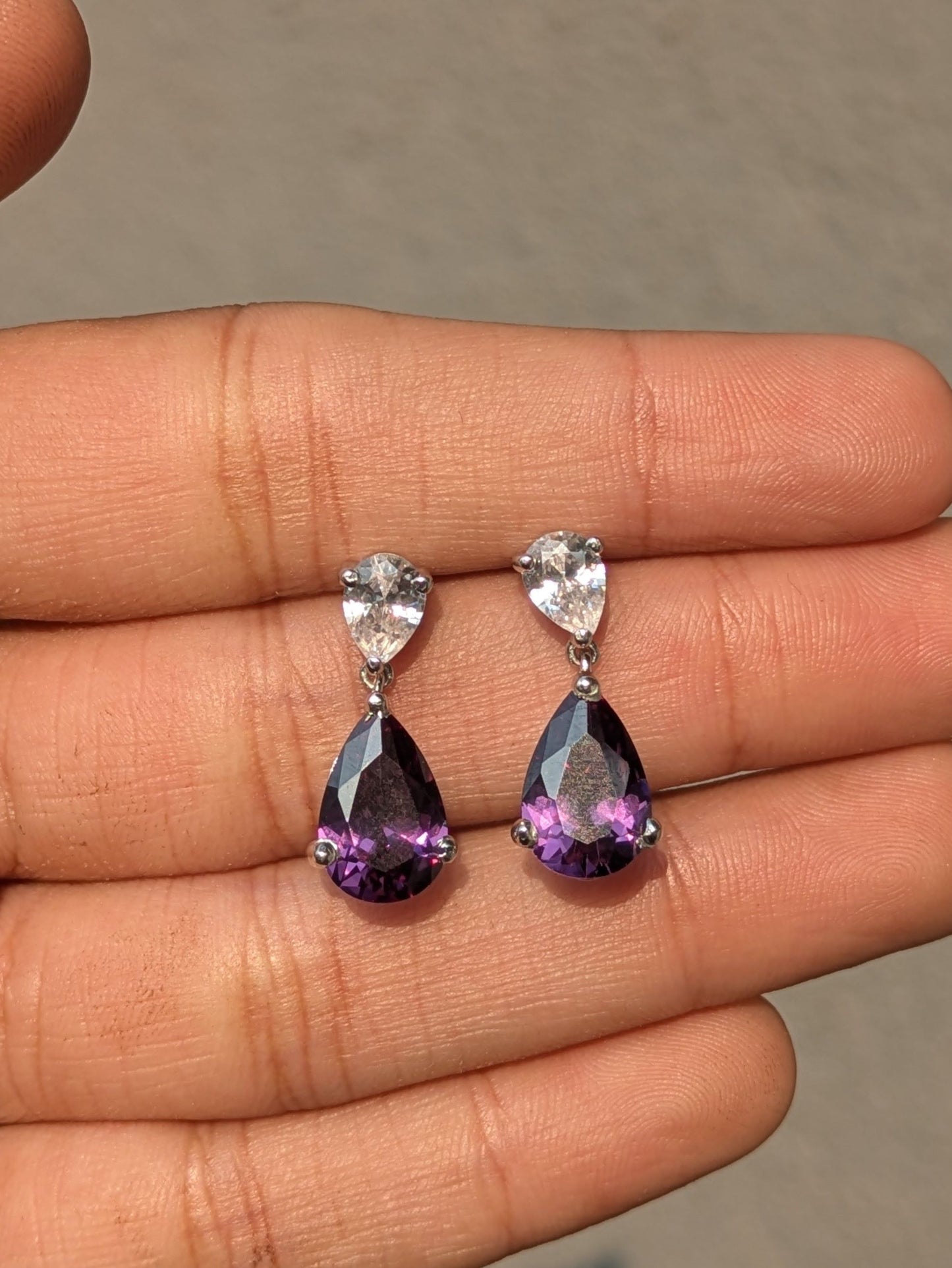 Amethyst Purple Pear & Pear Drop Silver Dangler Earrings