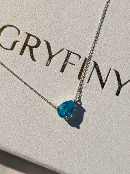 Aqua Marine Dia Pear Silver Slant Pendant For Women