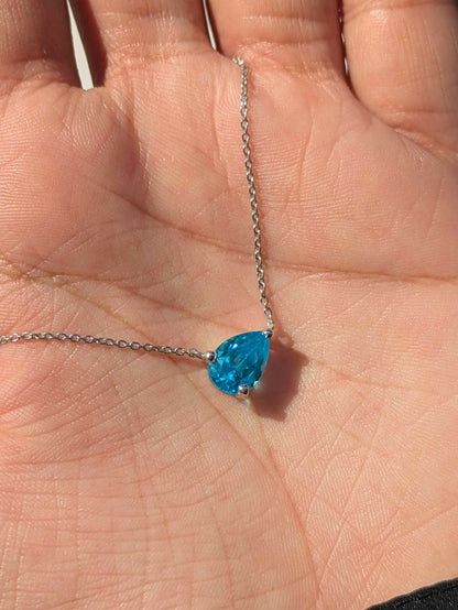 Aqua Marine Dia Pear Silver Slant Pendant For Women