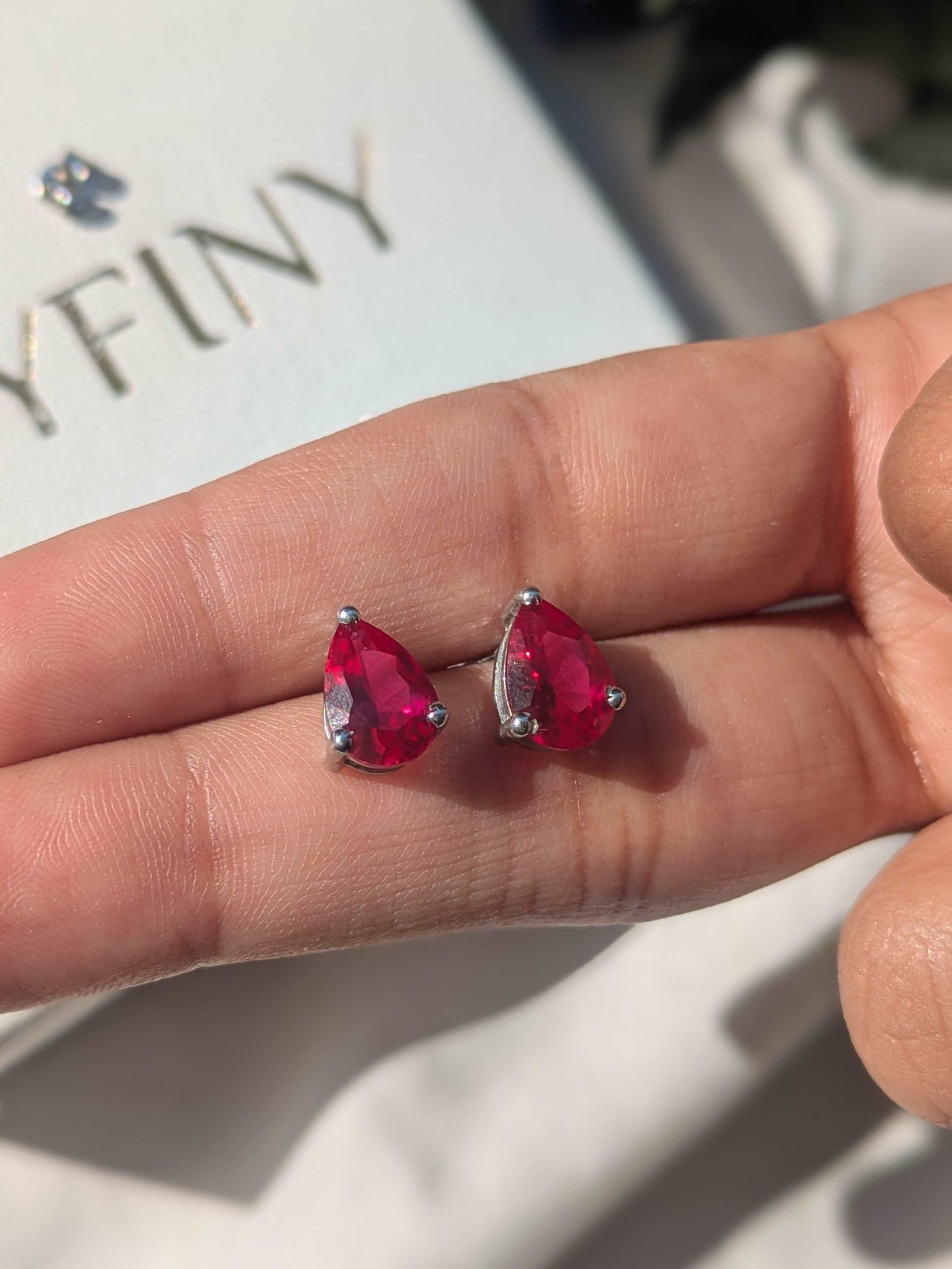 Ruby Pear Stud Silver Earring For Women