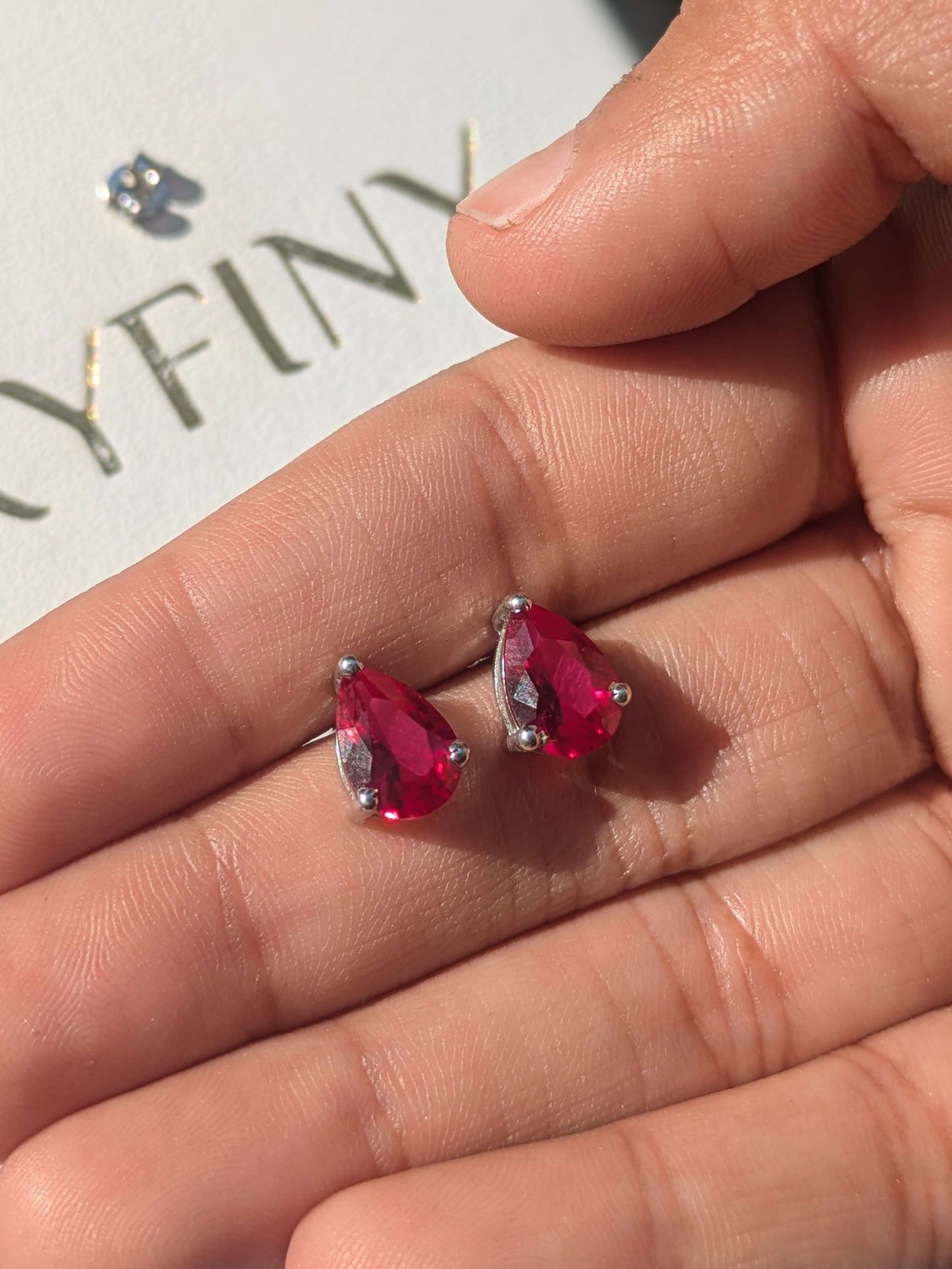 Ruby Pear Stud Silver Earring For Women