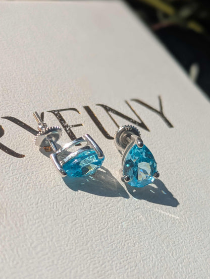 Aqua Marine Pear Stud Silver Earring For Women