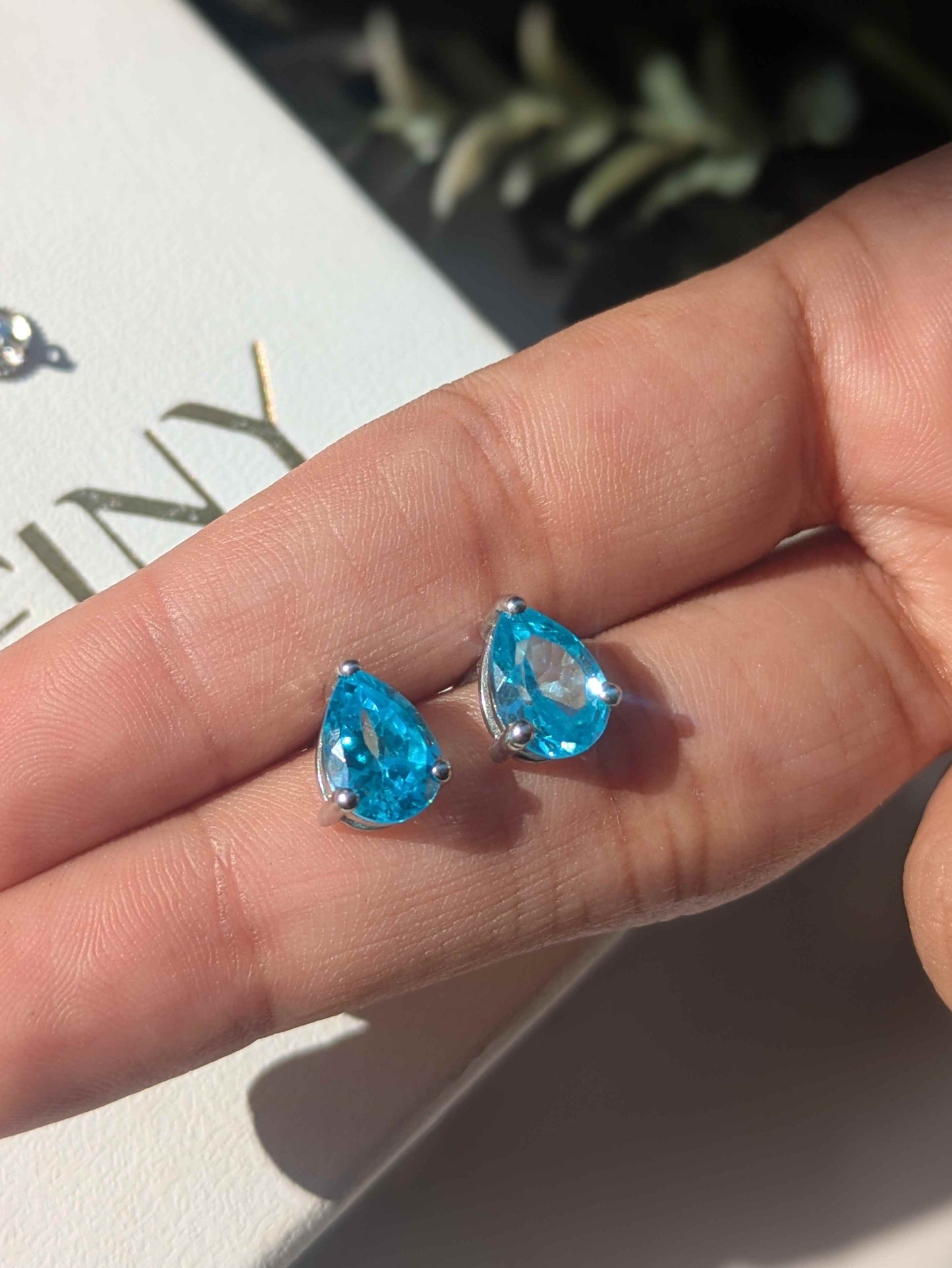 Aqua Marine Pear Stud Silver Earring For Women