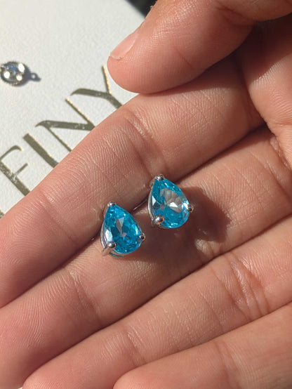 Aqua Marine Pear Stud Silver Earring For Women