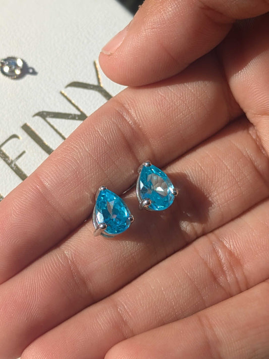 Aqua Marine Pear Stud Silver Earring For Women