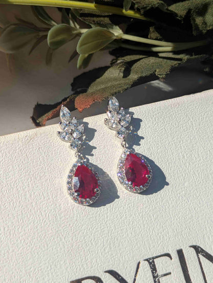 Red Ruby Pear Silver Dangler Earrings For Women