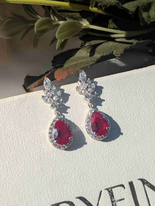 Red Ruby Pear Silver Dangler Earrings For Women