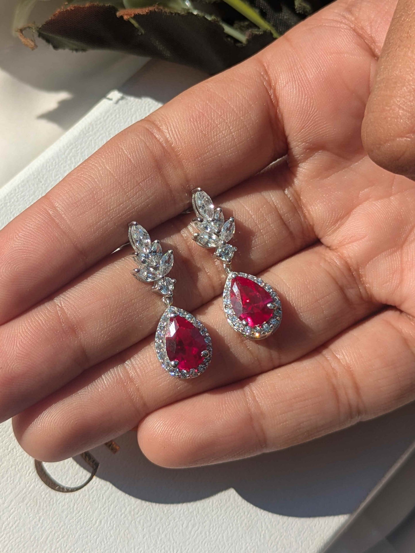 Red Ruby Pear Silver Dangler Earrings For Women