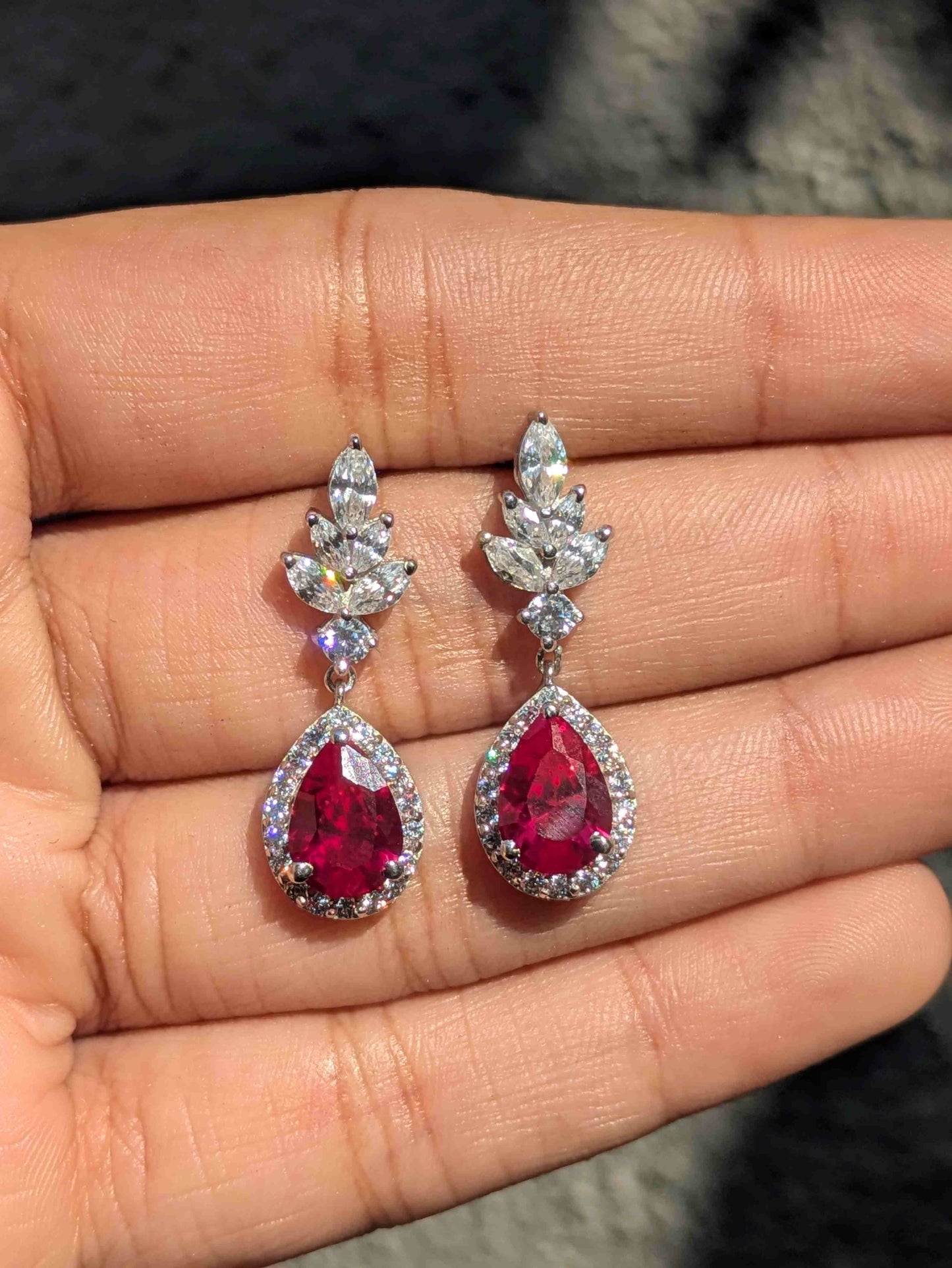 Red Ruby Pear Silver Dangler Earrings For Women