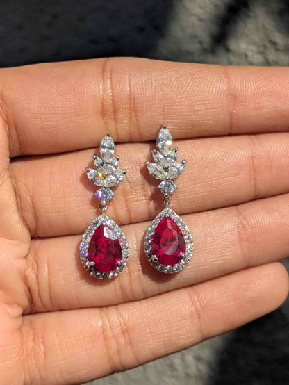 Red Ruby Pear Silver Dangler Earrings For Women