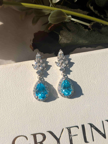 Aqua Marine Pear Silver Dangler Earrings For Women
