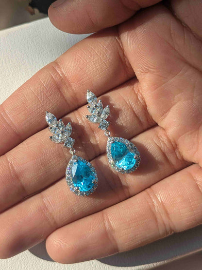 Aqua Marine Pear Silver Dangler Earrings For Women