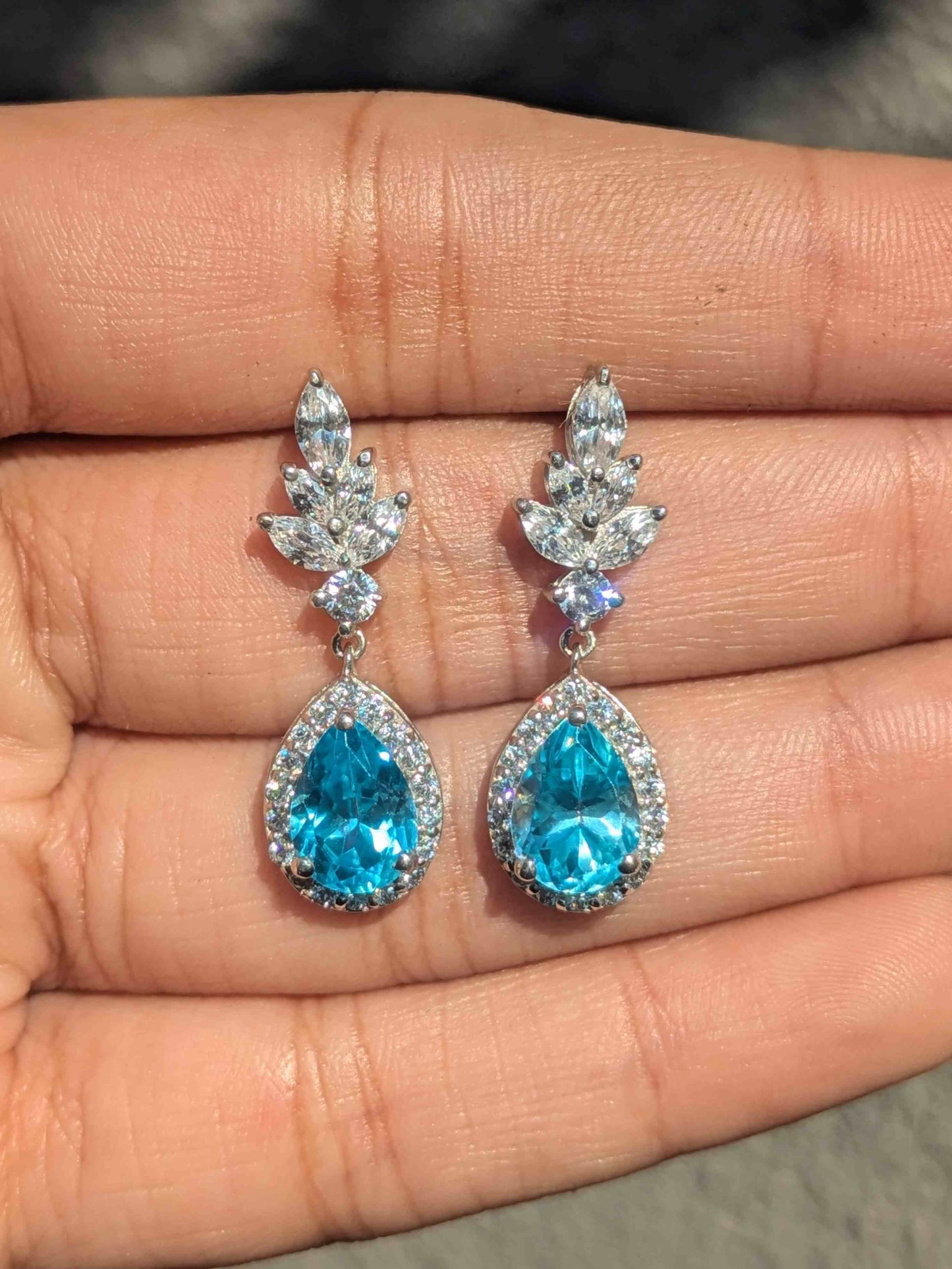 Aqua Marine Pear Silver Dangler Earrings For Women
