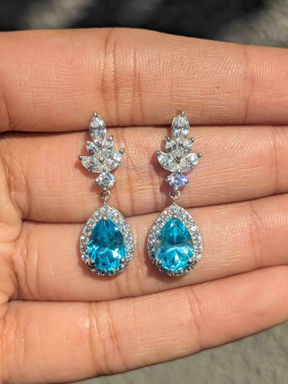 Aqua Marine Pear Silver Dangler Earrings For Women