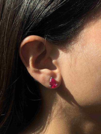 Ruby Pear Stud Silver Earring For Women