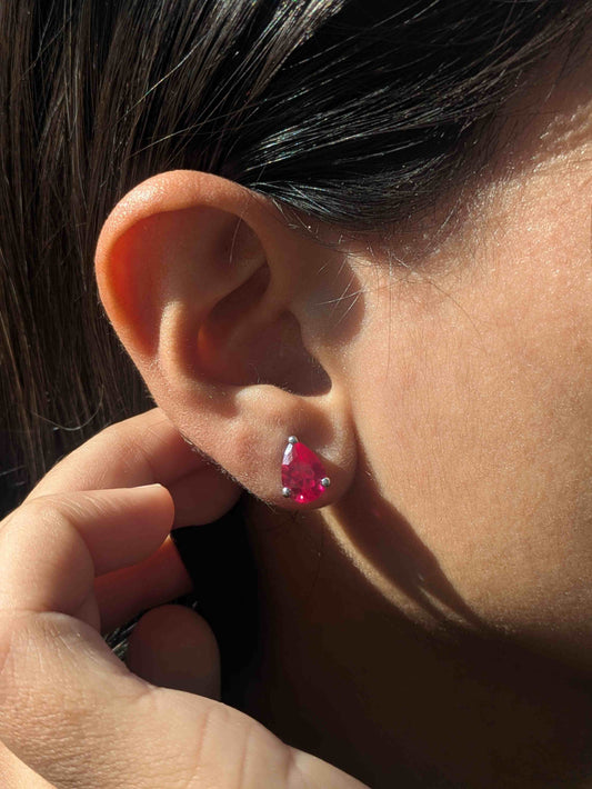 Ruby Pear Stud Silver Earring For Women