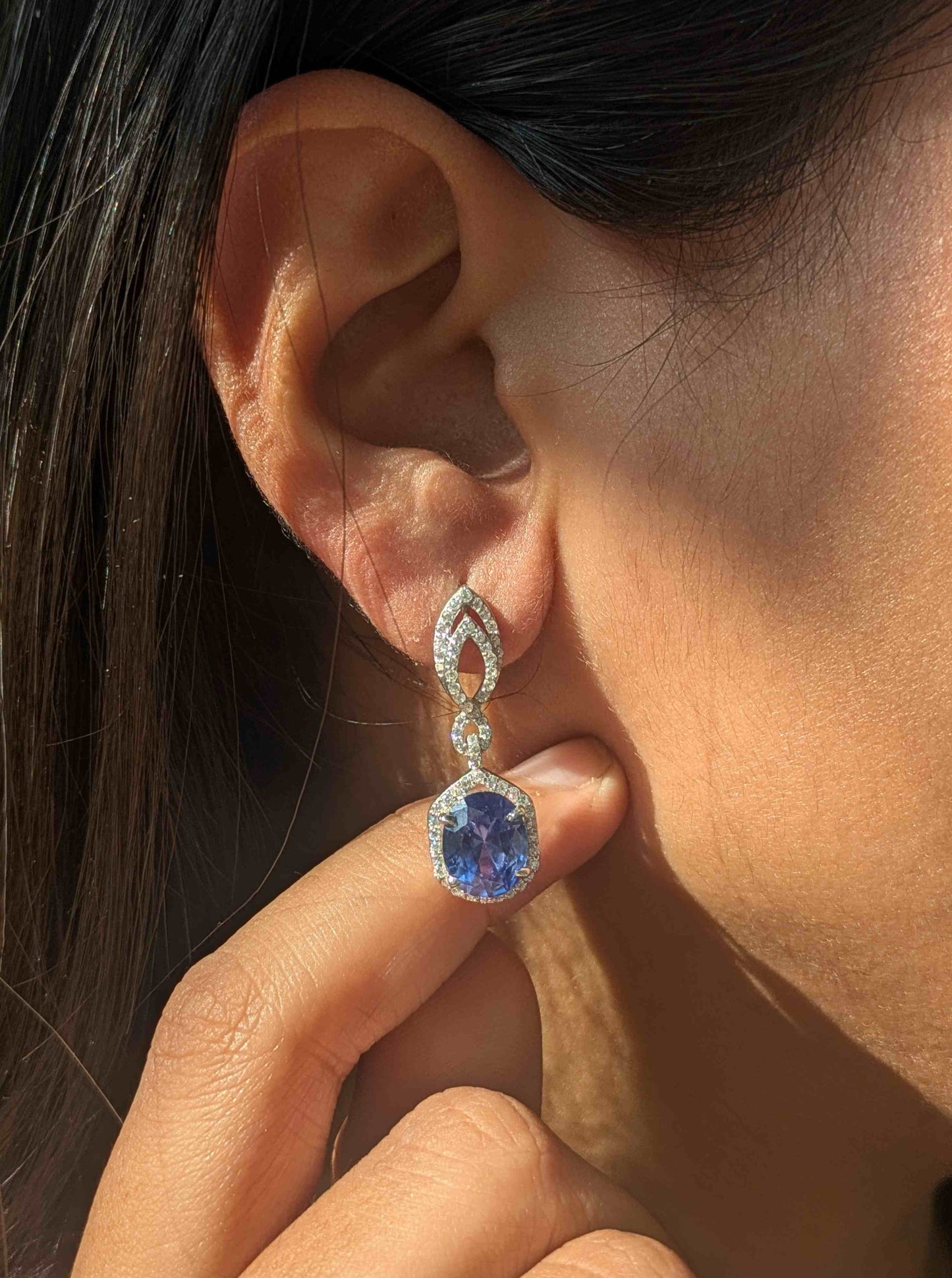 Blue Tanzanite Oval Silver Dangler Earrings For Women