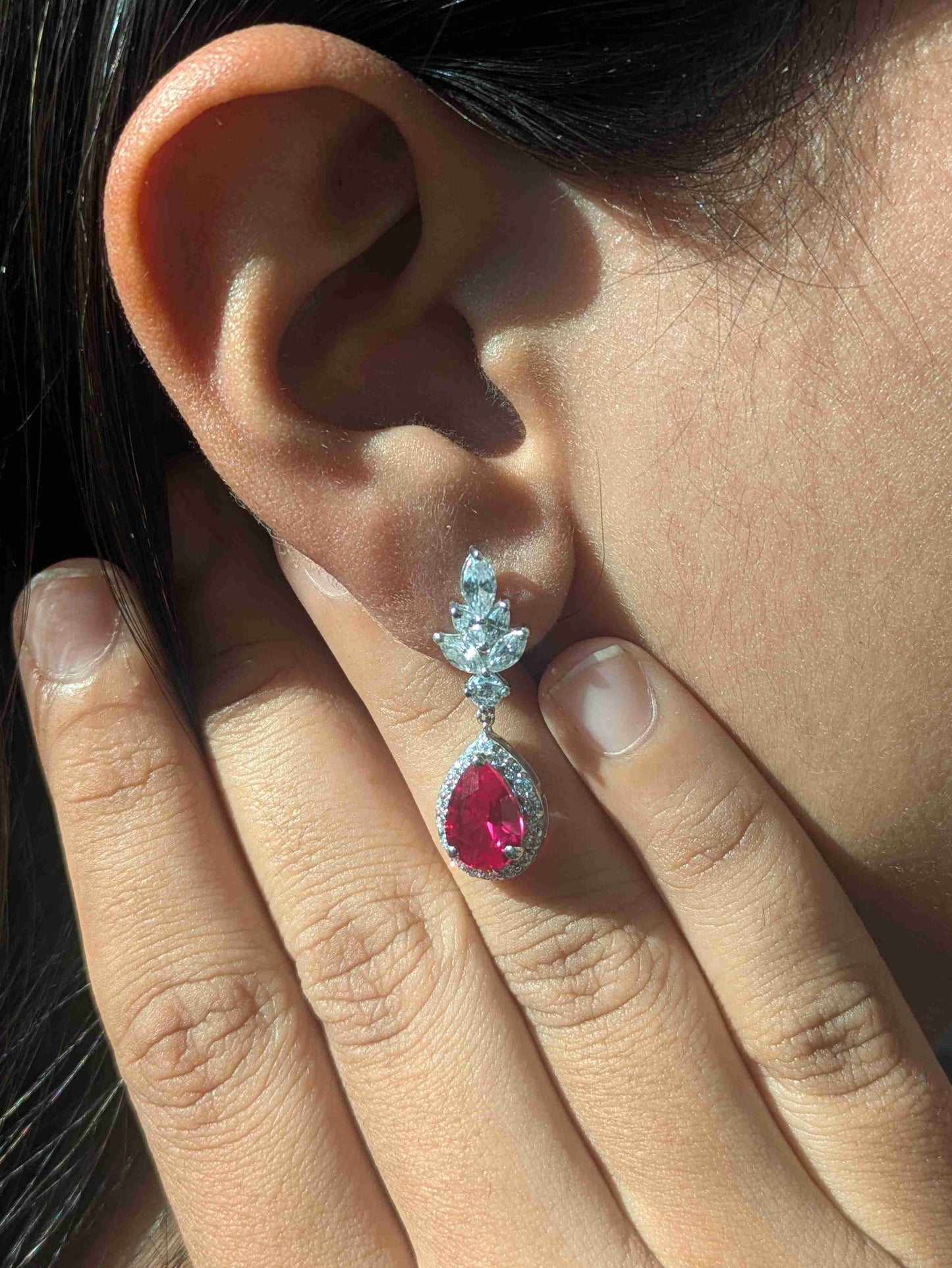 Red Ruby Pear Silver Dangler Earrings For Women