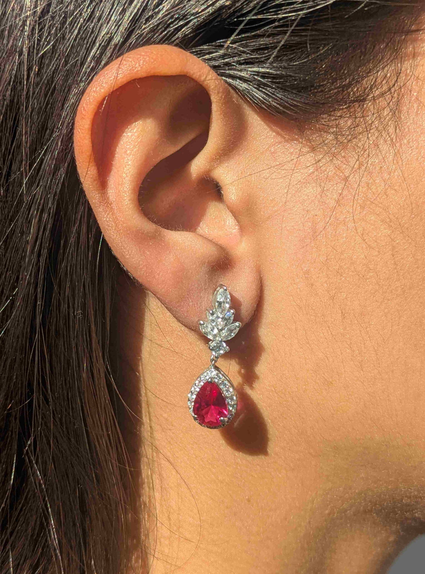 Red Ruby Pear Silver Dangler Earrings For Women