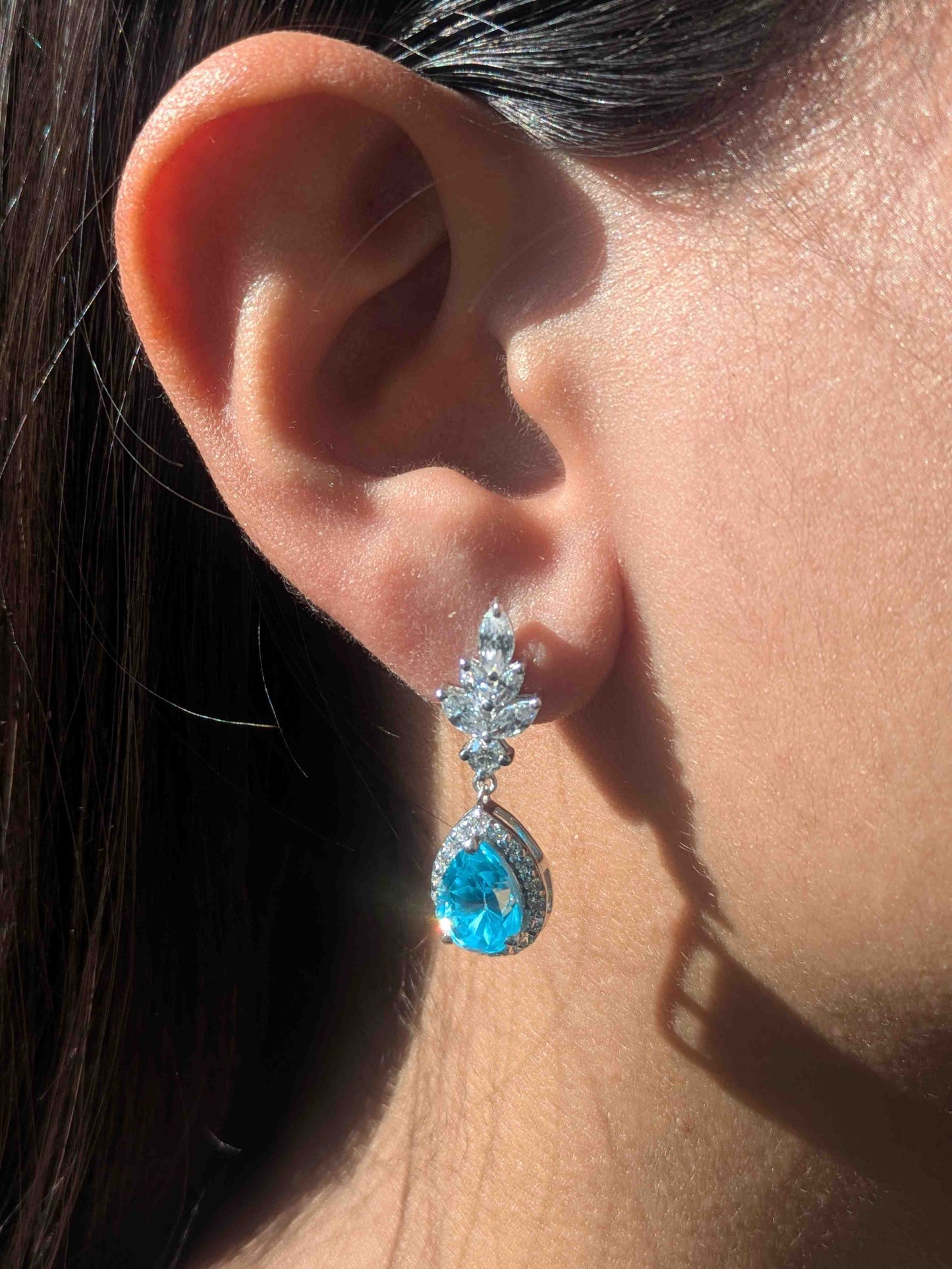 Aqua Marine Pear Silver Dangler Earrings For Women