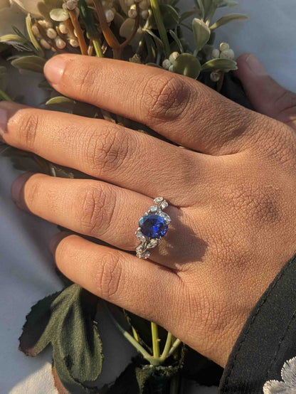 1.8Ct Casey Blue Tanzanite Floral Shank Oval Silver Solitaire Ring For Women