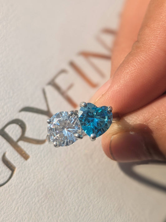 3.8Ct Aqua Heart & Round Toi Et Moi Solitaire Silver Ring
