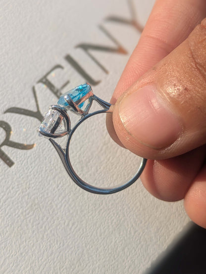 3.8Ct Aqua Heart & Round Toi Et Moi Solitaire Silver Ring