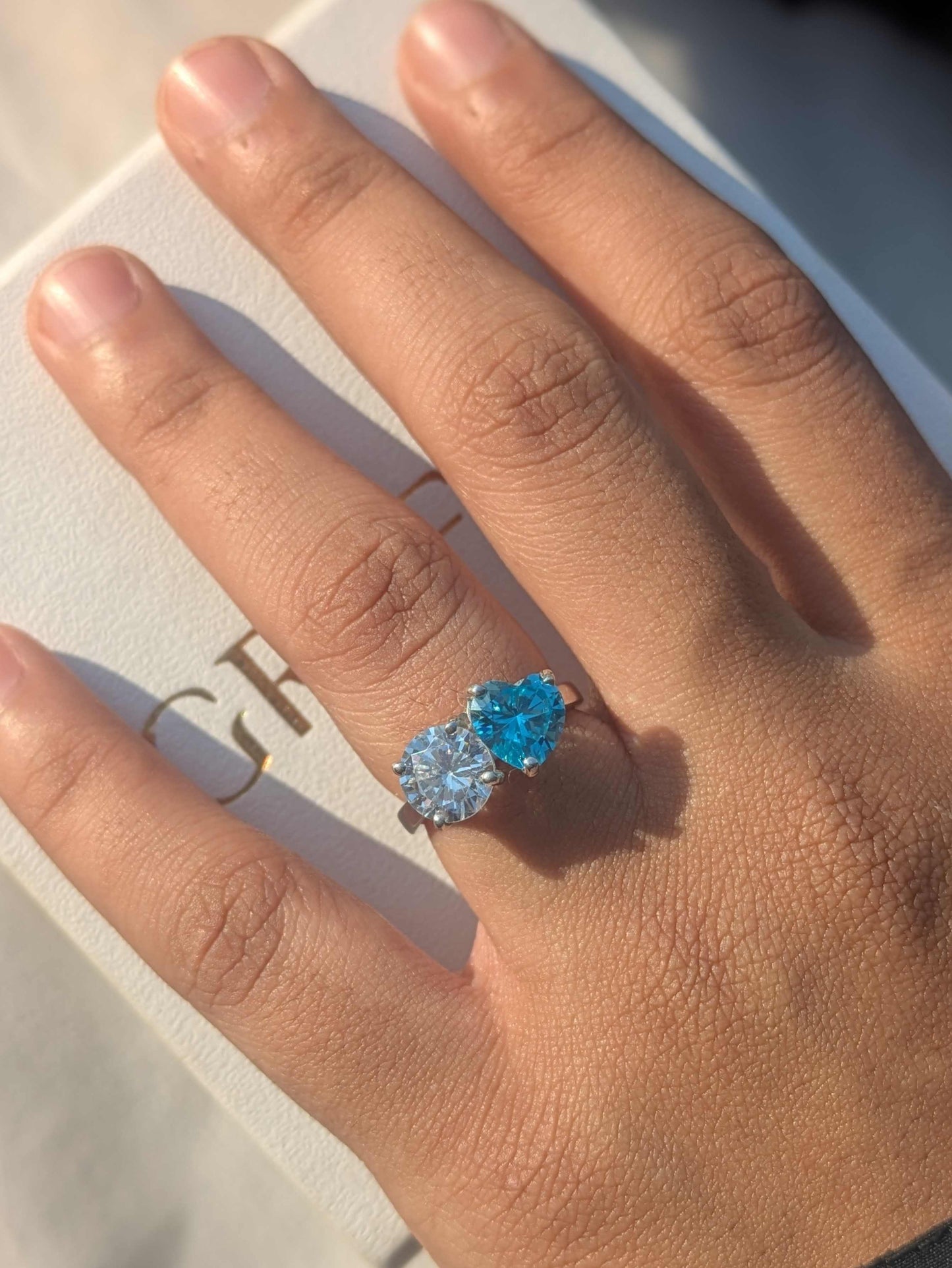 3.8Ct Aqua Heart & Round Toi Et Moi Solitaire Silver Ring