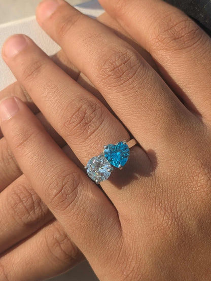 3.8Ct Aqua Heart & Round Toi Et Moi Solitaire Silver Ring