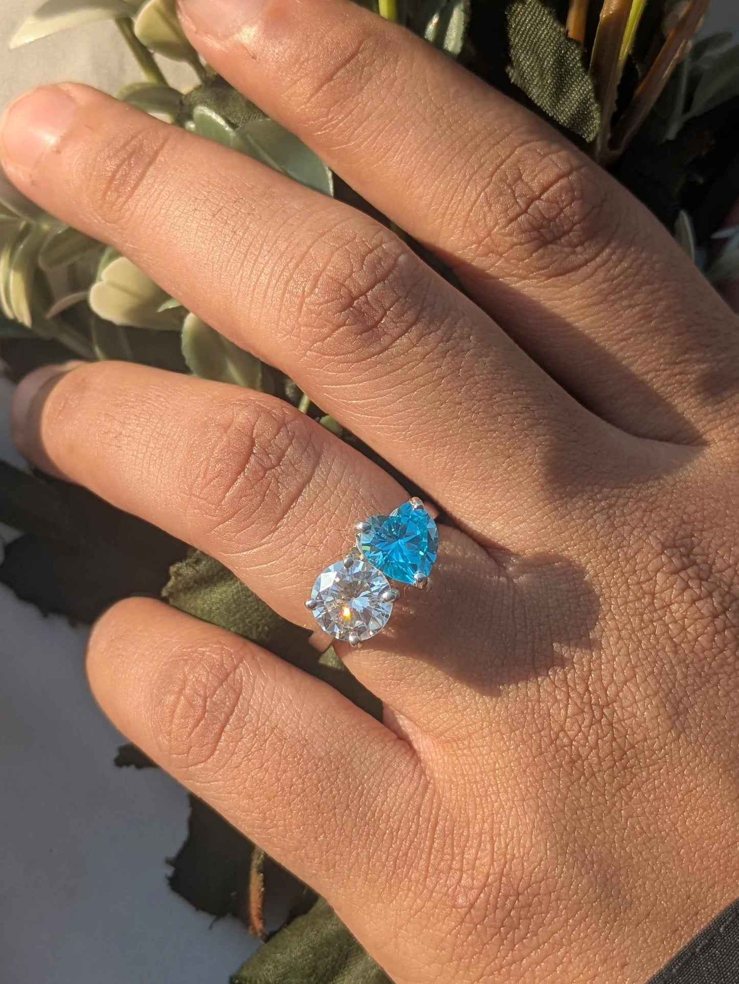 3.8Ct Aqua Heart & Round Toi Et Moi Solitaire Silver Ring