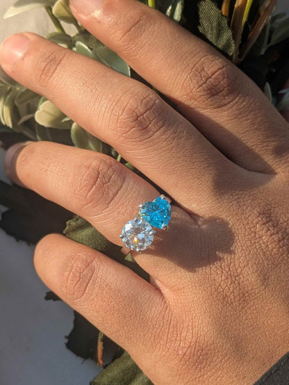 3.8Ct Aqua Heart & Round Toi Et Moi Solitaire Silver Ring